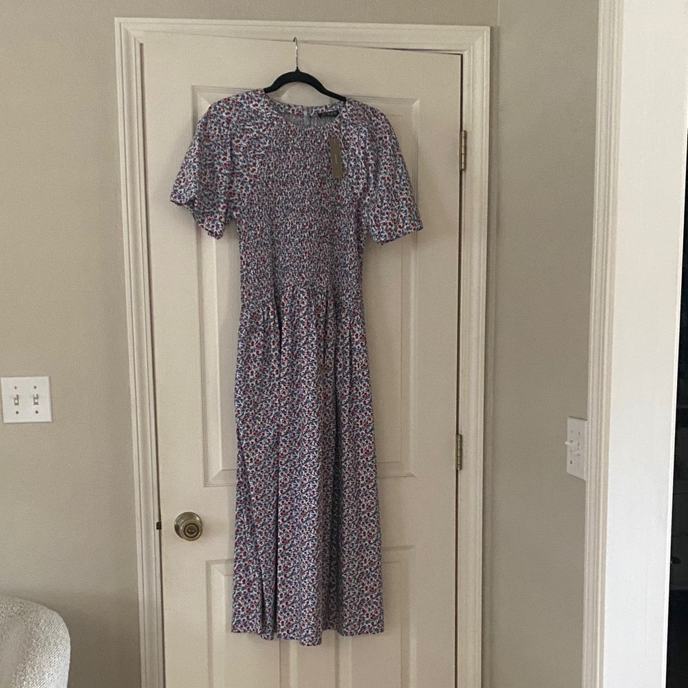 J. Crew Blue and Red Floral Midi Dress